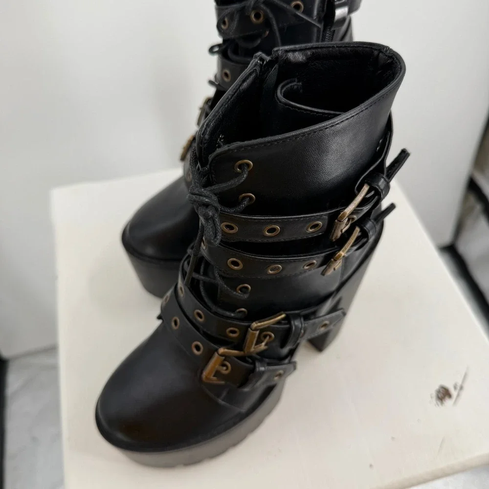Womens Size 6 Black‎ Platform Boots Goth Punk Buckle Strap Chunky Heel